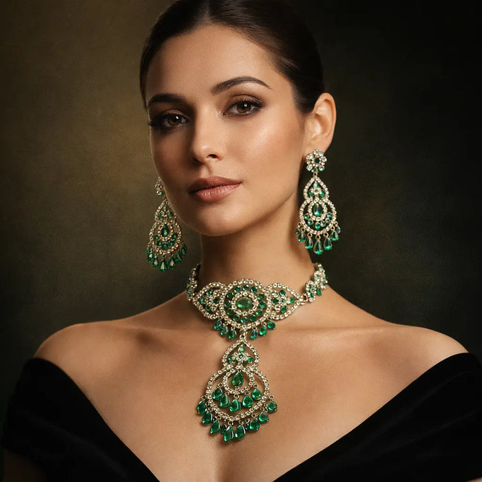 (MSD-16) Diamond Necklace With Earrings Hallmarked (Chik in Diamind with Emerald Dia-4.17ct (P),4.08ct (Chik)-8.25ct Gold-54.463, in 14 kt Purity, Emerald in Chik & P, 16.42ct,Earring in diamond with Emerald Dia-6.08ct, Gold-39.000 grms in  emerald 1