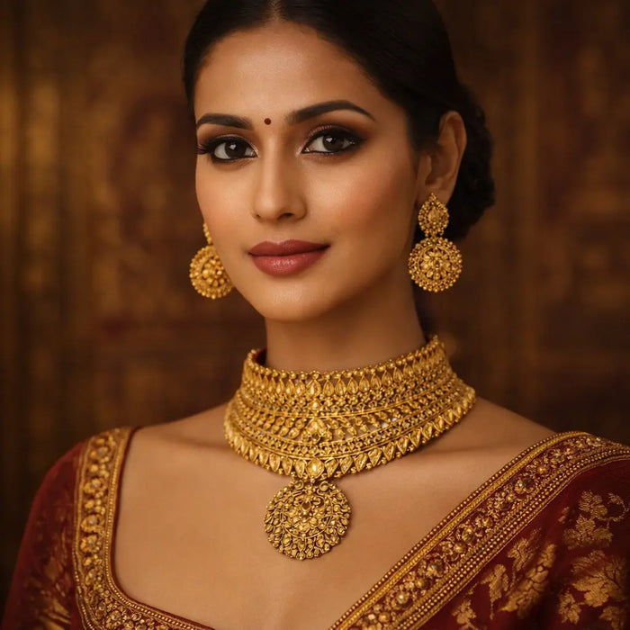 Gold Chic Set, Necklace - 35 Grams, Earrings - 14.850 Grams. Total Weight - 49.850 Grams, 22CT, 91.6% Purity