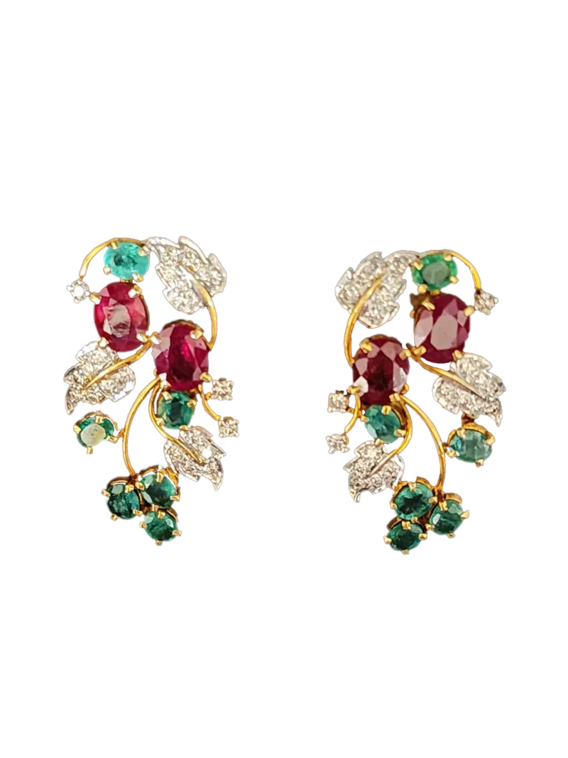 (TD-443) Diamond Tops in 14kt Hallmarked Gold (Diamond 1.41 Grams CT ,Gold 15.636 Grams CT 14 Kt, Rubies 7.86 CT, Emerald 4.13 CT)